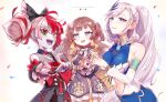  3girls absurdres anya_melfissa asterisk_(pmpalg_v) brown_hair highres hololive hololive_indonesia kureiji_ollie looking_at_viewer multicolored_eyes multicolored_hair multiple_girls navel pavolia_reine purple_eyes white_background white_hair zombie 