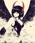  1girl absurdres akramness bare_shoulders black_dress black_hair black_wings breasts cleavage closed_mouth commentary dress hair_over_one_eye highres horns medium_hair original pointy_ears red_horns simple_background sleeveless sleeveless_dress smoke solo upper_body white_background wings 