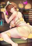  1girl ass atelier_(series) atelier_ryza atelier_ryza_1 azur_lane back backboob bare_arms barefoot bikini blush book bow braid breasts brown_eyes brown_hair c: closed_mouth commentary_request crossover curvy drinking eyelashes foot_out_of_frame frilled_bikini frills full_body hair_between_eyes hair_bow highres holding_vial indoors irohara large_breasts leaning_forward looking_at_viewer looking_back manjuu_(azur_lane) reisalin_stout shiny_skin short_hair side_braid sitting smile soles solo swimsuit thighs toes white_bow yellow_bikini 