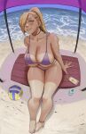  1girl arm_support artist_name ball beach bikini blue_eyes blush breasts full_body gud0c hair_over_one_eye highres large_breasts long_hair looking_at_viewer naruto_(series) ocean ponytail purple_bikini sitting smile solo swimsuit volleyball_(object) yamanaka_ino 