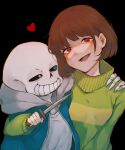  1boy 1girl :d arm_around_shoulder black_background blade_to_throat blue_eyes blue_hoodie blush bob_cut breasts brown_hair chara_(undertale) commentary green_sweater grin hand_on_another&#039;s_shoulder head_tilt heart heterochromia highres holding holding_knife holding_weapon hood hood_down hoodie knife looking_at_another looking_at_viewer loose_hair_strand narrowed_eyes open_mouth red_eyes sans shirt short_hair simple_background skeleton small_breasts smile sweater t-shirt takekinoko teeth two-tone_hoodie two-tone_sweater undertale upper_body weapon white_eyes white_hoodie white_shirt yellow_sweater 