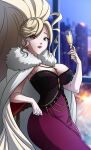  alcohol breasts building cleavage dress feather_boa heterochromia high_ponytail highres hilda_(under_night_in-birth) jewelry large_breasts long_hair necklace pink_dress pink_lips ponytail rowanism skyscraper swept_bangs under_night_in-birth very_long_hair wine 
