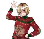  1girl absurdres blonde_hair brown_eyes christmas commission dead_by_daylight ghgnvm heather_mason highres looking_at_viewer short_hair silent_hill_(series) silent_hill_3 simple_background smile solo sweater waving white_background 