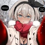  1girl bare_tree bea_(pokemon) black_hairband blurry blurry_background bow_hairband breasts closed_mouth coat duffel_coat english_commentary fur-trimmed_coat fur_trim grey_eyes grey_hair hair_between_eyes hairband looking_at_viewer meme mittens open_clothes open_coat open_mouth outdoors pokemon pokemon_swsh pov_cheek_warming_(meme) rakeemspoon reaching reaching_towards_viewer red_mittens red_scarf scarf short_hair snowing solo speech_bubble tree 
