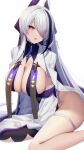  1girl absurdres azur_lane blush breasts cleavage commentary_request groin hair_over_one_eye highres japanese_clothes kimono large_breasts long_hair looking_at_viewer multicolored_hair open_mouth partial_commentary purple_eyes purple_hair seele0907 side_slit simple_background sitting solo streaked_hair thigh_strap twitter_username unzen_(azur_lane) white_background white_hair white_kimono 