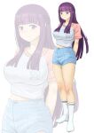  1girl absurdres alternate_costume blunt_bangs blunt_ends breasts closed_mouth collarbone commentary denim denim_shorts feet fern_(sousou_no_frieren) full_body ghhoward grey_shirt high-waist_shorts highres impossible_clothes impossible_shirt large_breasts legs long_hair looking_at_viewer midriff_peek no_shoes pink_shirt purple_eyes ribbed_socks shirt short_shorts short_sleeves shorts skindentation socks solo sousou_no_frieren thighs toes torn_clothes torn_shorts white_socks zoom_layer 