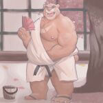  anthro asian_clothing bear bin_(artist) bucket chubby_male clothing container east_asian_clothing footwear hand_fan hi_res hot_spring japanese_clothing male mammal musclegut muscular muscular_male onsen open_mouth sandals sauna scar slightly_chubby smile solo standing water 