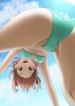  1girl absurdres all_fours amami_haruka ass bikini bow breasts brown_hair day downward_dog from_below green_bikini green_eyes hair_bow hair_ribbon hanging_breasts highres idolmaster legs_apart looking_at_viewer looking_through_legs medium_breasts navel open_mouth outdoors ribbon short_hair sidelocks simple_background solo stretching swimsuit tama_(tamago) view_between_legs 