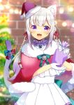  1girl :3 :d animal_ear_fluff animal_ears bell blue_bow blurry blurry_background bow brick_wall capelet cat_ears cat_girl cat_tail christmas_ornaments christmas_tree commentary_request commission depth_of_field dress fang fur-trimmed_capelet fur-trimmed_headwear fur_trim gift hair_bow hat holding holding_gift indie_virtual_youtuber jingle_bell kou_hiyoyo looking_at_viewer mini_hat mini_santa_hat nekome_shia pleated_dress purple_eyes red_bow red_capelet red_headwear santa_hat skeb_commission smile solo star_(symbol) tail tail_bell tail_ornament tilted_headwear virtual_youtuber white_dress 