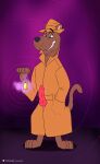  2018 animal_genitalia animal_penis anthro barefoot brown_body brown_fur canid canine canine_genitalia canine_penis canis clothing coat coin digital_media_(artwork) domestic_dog feet fur genitals gold_(metal) gold_coin great_dane hand_in_pocket hanna-barbera hat headgear headwear hi_res hypnosis knot male mammal mastiff mind_control molosser penis pockets possession public public_exposure scooby-doo scooby-doo_(series) shadow2007x simple_background smug smug_grin solo topwear trenchcoat 