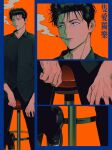  1boy black_eyes black_footwear black_hair black_pants black_shirt blowing_smoke blue_border border cigarette close-up feet_out_of_frame highres long_sleeves looking_to_the_side male_focus mito_youhei multiple_views og_man orange_background pants pompadour shirt sitting slam_dunk_(series) smoke stool translation_request veins 