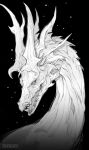  animal_focus artist_name black_background blank_eyes dragon final_fantasy final_fantasy_xiv from_side green_eyes greyscale highres horns monochrome multiple_horns no_humans open_mouth portrait sharp_teeth shuini_xiaomao signature simple_background solo spot_color teeth 