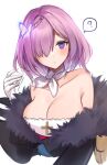  1girl ? armpit_crease azur_lane bare_shoulders black_coat blush braid breasts bug butterfly chan&#039;nu cleavage coat collarbone commentary cropped_torso cross fur-trimmed_coat fur_trim gloves hair_over_one_eye hand_up highres large_breasts long_sleeves looking_at_viewer neck_ribbon off_shoulder parted_lips penelope_(azur_lane) purple_eyes purple_hair ribbon short_hair simple_background solo spoken_question_mark white_background white_gloves white_ribbon 