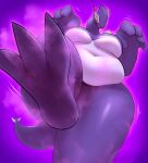  2020 absurd_res anthro belly digital_media_(artwork) feet female foot_focus generation_2_pokemon hi_res legendary_pokemon looking_at_viewer low-angle_view lugia navel nintendo nude open_mouth overweight pokemon pokemon_(species) purple_body red_eyes shadow_lugia shadow_pokemon simple_background smile solo suzume_333 tail thick_thighs tongue totoro_6v worm&#039;s-eye_view 