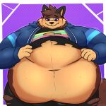  anthro belly big_belly blush clothing hi_res male multicolored_body navel obese overweight overweight_male solo torn_clothing 