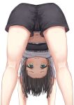  1girl absurdres all_fours ass bare_legs black_shorts black_sports_bra blue_eyes blush brown_hair cameltoe character_name closed_mouth commentary_request cropped_shirt eyelashes feet_out_of_frame from_behind gradient_eyes green_eyes highres hololive hololive_dance_practice_uniform kneepits legs looking_at_viewer medium_hair midriff multicolored_eyes navel oozora_subaru shirt short_shorts shorts simple_background solo sports_bra starkamisan thighs virtual_youtuber white_background white_shirt 