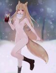  1girl absurdres animal_ears black_footwear boots breasts brown_hair brown_pubic_hair commentary completely_nude cup erroten eyes_visible_through_hair fang female_pubic_hair highres holding holding_cup holo long_hair navel nipples nude open_mouth pubic_hair red_eyes scarf small_breasts smile snow snowing solo spice_and_wolf standing standing_on_one_leg steam tail tea white_scarf wolf_ears wolf_girl wolf_tail 