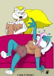  antennae_(anatomy) anthro binky_bunny_(rutwell) blonde_hair blue_body blue_eyes blue_fur breasts cleavage clothed clothing fairy female fluffy fluffy_tail fur furniture group hair kthanid_(artist) lagomorph leporid male mammal martin_mink mink mustelid musteline nipple_outline pillow pink_nose purple_eyes purple_hair rabbit rutwell_forest serena&#039;s_faerie_friend sofa tail trio true_musteline waving_hand white_body white_fur yellow_body yellow_fur yellow_tail 