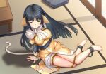  animal_ears arms_behind_back bare_legs barefoot bdsm black_hair blush bondage bound bound_legs breasts cat_tail closed_eyes covered_nipples cuffs cushion from_above haimei1980 hand_on_floor highres hime_cut japanese_clothes long_hair on_floor scarf shackles sitting table tail tatami utawarerumono yuzuha_(utawarerumono) 