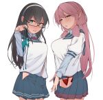  2girls absurdres akashi_(kancolle) black_hair blue_eyes blue_sailor_collar blue_skirt blush breasts glasses green_eyes hairband highres hip_vent holding holding_clothes holding_panties holding_underwear kantai_collection large_breasts long_hair long_sleeves looking_at_viewer medium_breasts multiple_girls necktie nose_blush ooyodo_(kancolle) open_mouth panties parted_lips pink_hair pleated_skirt red_necktie red_panties sailor_collar school_uniform serafuku shiawase_hougan side-tie_panties sidelocks simple_background skirt sweat underwear unworn_panties white_background white_hairband 