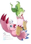  &gt;_&lt; beak bird blue_eyes chinese_commentary claws digimon digimon_(creature) highres leaf no_humans open_mouth piyomon simple_background tanemon twitter_username white_background youzaiyouzai112 