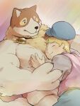 anthro big_muscles big_pecs blonde_hair canid canine canis cuddling domestic_dog duo embrace eyes_closed fur hair hi_res holding_partner hug human human_on_anthro interspecies kozumetako larger_anthro larger_male leash male male/male mammal muscular muscular_anthro muscular_male nude pecs size_difference smaller_human smaller_male white_body white_fur 