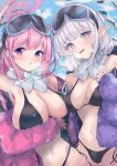 2girls bare_shoulders bikini black_bikini blue_archive blush bow breasts breath cleavage collarbone day eimi_(blue_archive) eyewear_on_head goggles goggles_on_head hair_ornament halo highres himari_(blue_archive) jacket karappo_(poket12) large_breasts long_hair long_sleeves looking_at_viewer multiple_girls navel open_clothes open_jacket open_mouth outdoors parted_lips pink_hair pointy_ears purple_eyes purple_hair sidelocks snowing stomach swimsuit white_hair 