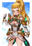  1girl absurdres bare_shoulders blonde_hair breasts cosplay fire_emblem fire_emblem_engage hair_slicked_back high_ponytail highres jade_(fire_emblem) large_breasts mythra_(xenoblade) mythra_(xenoblade)_(cosplay) oniisan02b sidelocks xenoblade_chronicles_(series) xenoblade_chronicles_2 yellow_eyes 