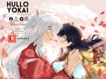  1boy 1girl animal_ears artist_name backpack bag black_hair cherry_blossoms cloud cloudy_sky dog_boy dog_ears english_commentary food food_in_mouth hetero highres higurashi_kagome hulloyokai instagram_logo inuyasha inuyasha_(character) japanese_clothes jewelry kimono long_hair looking_at_another pocky pocky_day pocky_in_mouth pocky_kiss school_uniform simple_background sky twitter_logo upper_body white_hair yellow_eyes 