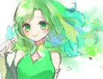  1girl bare_shoulders blush bug butterfly center_opening chisora_(chisora_ra) closed_mouth dress final_fantasy final_fantasy_iv green_dress green_eyes highres long_hair looking_at_viewer nail_polish protected_link rydia_(ff4) smile solo white_background 