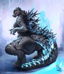  anthro big_butt breasts butt claws crouching dorsal_spikes female fivel glowing glowing_body godzilla godzilla_(series) hi_res huge_butt kaiju non-mammal_breasts nude rear_view reptile scalie solo spiked_tail spikes spikes_(anatomy) tail toho yellow_eyes 