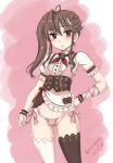  1girl 22/7 arm_ribbon asymmetrical_legwear black_thighhighs blush brown_eyes brown_hair center_frills commentary_request cowboy_shot dated frilled_cuffs frills frown hand_on_own_hip heart high_collar highres long_hair looking_at_viewer mismatched_legwear neck_ribbon no_pants open_mouth panties pink_panties pink_vest puffy_short_sleeves puffy_sleeves red_ribbon ribbon shirt short_sleeves side-tie_panties side_ponytail sidelocks solo standing string_panties thighhighs toda_jun twitter_username underwear vest wan&#039;yan_aguda white_shirt white_thighhighs 