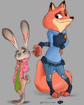  2023 anthro canid canine clothed clothing crossgender disney dm_(artist) duo english_text eyebrows female fox fully_clothed green_eyes half-closed_eyes hand_in_pocket hi_res judy_hopps lagomorph leporid male mammal narrowed_eyes necktie nick_wilde pockets police_uniform purple_eyes rabbit smug_face text thick_eyebrows uniform zootopia 