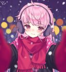  1girl animal_earmuffs black_jacket blunt_bangs blurry depth_of_field highres hololive hololive_english jacket long_hair meme messy_hair mori_calliope pink_eyes pink_hair plaid plaid_shirt pov_cheek_warming_(meme) red_scarf scarf shirt skull_print snowing straight-on virtual_youtuber watashishi winter 