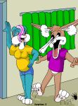  anthro binky_bunny_(rutwell) blue_body blue_fur bottomless breasts brown_body brown_fur buckteeth clothed clothing duo eye_popping female fur hair kthanid_(artist) lagomorph leporid male male/female mammal open_mouth pink_nose pregnant purple_eyes purple_hair rabbit randy_rabbit rutwell_forest teeth toony 