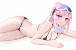  1girl bare_arms bare_legs bikini black_bikini blue_archive breasts cleavage eimi_(blue_archive) eimi_(swimsuit)_(blue_archive) goggles goggles_on_head kono_(xerondan321) large_breasts long_hair looking_at_viewer official_alternate_costume pink_eyes pink_hair ponytail simple_background solo swimsuit white_background 