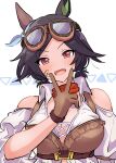  1girl animal_ears bandages bandana bare_shoulders belt black_hair blush breasts brown_gloves cleavage clothing_cutout collared_shirt crossed_bandaids dot_nose fangs gloves goggles goggles_on_head hand_up highres horse_ears kamaboco_(kayada) large_breasts looking_at_viewer open_mouth red_eyes shirt short_hair short_twintails shoulder_cutout solo twintails umamusume upper_body v-shaped_eyebrows v_over_mouth white_background white_shirt winning_ticket_(dream_deliverer)_(umamusume) winning_ticket_(umamusume) 