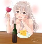  1girl alcohol ame-san bare_shoulders bottle breasts brown_eyes cheese collarbone convenient_censoring cup dated drinking_glass food grey_hair highres kantai_collection large_breasts long_hair plate pola_(kancolle) solo swiss_cheese topless twitter_username wavy_hair wine wine_bottle wine_glass 