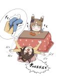  2girls animal_ears blue_sweater blush brown_hair brown_pants brown_sweater chibi closed_eyes closed_mouth commentary_request denim domino_mask ear_ornament el_condor_pasa_(umamusume) flailing food fruit grass_wonder_(umamusume) highres horse_ears horse_girl horse_tail jeans kotatsu long_hair mandarin_orange mask miya_nns35 multiple_girls pants pillow simple_background smile sweater table tail umamusume white_background 