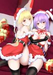  2girls :q alternate_costume animal_ears belt black_belt black_gloves black_thighhighs blonde_hair blush bow box breast_press breasts c: chinese_commentary christmas cleavage closed_mouth colored_eyelashes commentary_request dress elbow_gloves eyes_visible_through_hair feet_out_of_frame fur-trimmed_dress fur_trim gift gift_box gloves hair_between_eyes hat highres holding_hands interlocked_fingers junko_(touhou) knee_up large_breasts licking_lips long_hair looking_at_viewer looking_back lying multiple_girls naughty_face on_back purple_hair rabbit_ears red_bow red_eyes reisen_udongein_inaba santa_costume santa_dress santa_hat seductive_smile short_dress smile straight_hair strapless strapless_dress symmetrical_docking thighhighs thighs tongue tongue_out touhou very_long_hair xialuluo_(sharuro) 