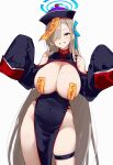  1girl absurdres areola_slip asuna_(blue_archive) blonde_hair blue_archive blue_eyes cosplay highres jiangshi_costume long_hair long_sleeves ofuda ofuda_on_nipples one_eye_covered pasties rurumor999 solo thigh_strap very_long_hair white_background 