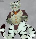  absurd_res anthro blue_eyes bottomless bulge clothed clothing felid fingerless_gloves fur gloves handwear hi_res laydai looking_away male mammal muscular muscular_anthro muscular_male necktie oscar_(fortnite) pantherine slightly_chubby solo tiger topwear underwear vest white_body white_fur 