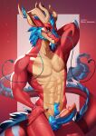  anthro aomori beard blue_hair crotch_tuft dragon eastern_dragon erection facial_hair hair hand_behind_head hand_on_hip hi_res horn long_tail male nude pubes red_body red_scales scales smile solo tail tail_tuft tuft whiskers 