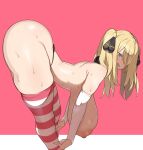  1girl alternate_hairstyle ass black_panties blonde_hair blue_eyes blush breasts commentary cynthia_(pokemon) furau hands_on_own_legs hanging_breasts highres huge_breasts leaning_forward long_hair looking_to_the_side nipples panties pokemon pokemon_dppt red_background red_thighhighs simple_background solo striped striped_thighhighs thighhighs thighs thong twintails underwear white_thighhighs 