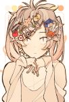  1girl :&lt; alternate_hair_color ama_(i-ekk) animal_hair_ornament arrow_through_heart border brown_eyes brown_sweater character_name circle closed_mouth enomoto_takane food-themed_hair_ornament frown gingerbread_man_hair_ornament gradient_hair hair_ornament hairclip heart heart_hair_ornament hexagon hexagon_hair_ornament inset_border kagerou_project lightning_bolt_hair_ornament lightning_bolt_symbol long_hair long_sleeves looking_at_viewer multicolored_hair orange_border orange_outline outside_border own_hands_together rounded_corners solo star_(symbol) star_hair_ornament straight-on sweater text_hair_ornament too_many too_many_hair_ornaments too_many_hairclips twintails upper_body white_background 