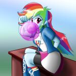 1girl arms_behind_back bubble_blowing chewing_gum long_hair looking_at_viewer multicolored_hair my_little_pony my_little_pony:_equestria_girls my_little_pony:_friendship_is_magic open_mouth rainbow_dash sitting smile solo 