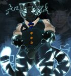  absurd_res anthro black_body black_fur blue_eyes bottomless bulge clothed clothing electricity felid fingerless_gloves fur gloves glowing glowing_eyes handwear hi_res laydai lightning looking_away male mammal muscular muscular_anthro muscular_male necktie oscar_(fortnite) pantherine slightly_chubby solo tiger topwear underwear vest 