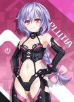  1girl bare_shoulders braid breasts character_name cleavage cosplay dhiparizky dominatrix earrings elbow_gloves gloves hair_between_eyes highres iris_heart iris_heart_(cosplay) jewelry kami_jigen_game_neptune_v long_hair looking_at_viewer navel neptune_(series) purple_eyes purple_hair pururut single_braid smile solo thighhighs 