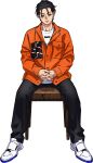  1boy black_hair black_pants chair charisma_house closed_mouth facing_viewer interlocked_fingers itou_fumiya jacket long_sleeves male_focus mojisan_(ebimo) official_art orange_jacket own_hands_together pants shirt shoes sitting sneakers solo white_footwear white_shirt wooden_chair 