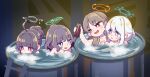  4girls black_hair blue_archive blue_halo blush bright_pupils brown_hair chaki_(teasets) commentary_request drum_bath green_halo grey_hair grey_halo halo highres holding ladder long_hair miyako_(blue_archive) miyu_(blue_archive) moe_(blue_archive) multiple_girls open_mouth orange_halo purple_eyes rabbit_platoon_(blue_archive) saki_(blue_archive) shared_bathing short_hair smile water white_pupils 
